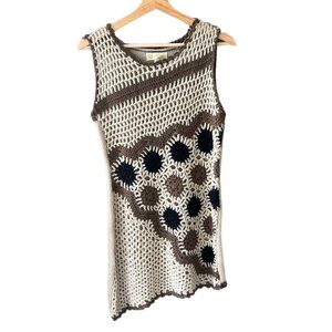 Katava Crocheted Asymmetric Tunic Top Boho Brown Floral Sz S